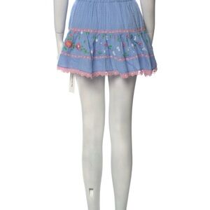 LoveShackFancy Blue Mini Skirt with Pink Floral Embroidery